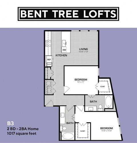 Floor plan for 2 beds, 2 baths, 1017 sqft